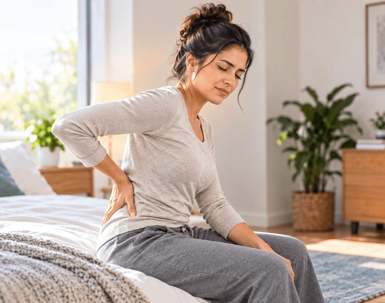 Woman sitting on the edge of her bed holding her lower back from morning stiffness