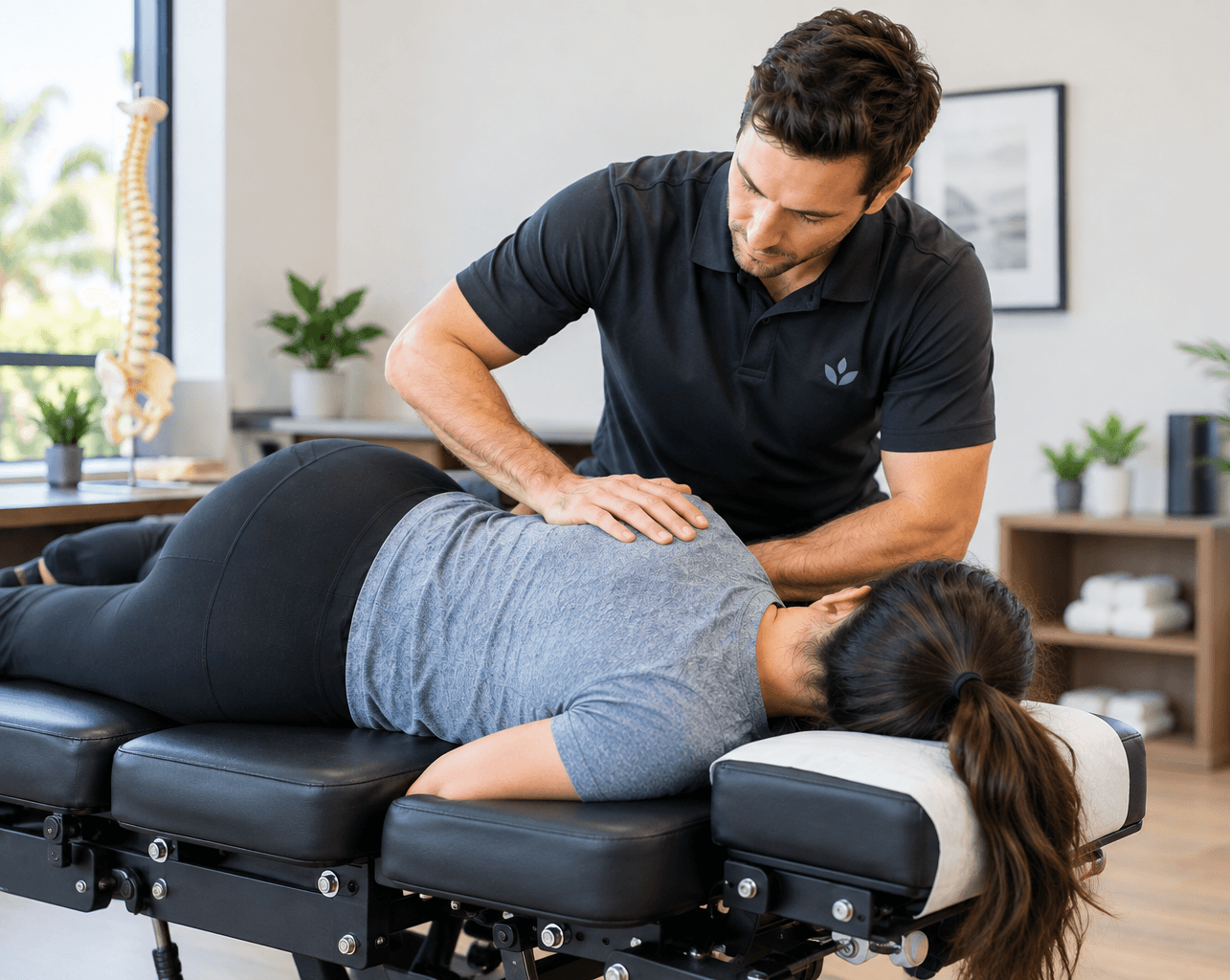 Chiropractor performing a diversified spinal adjustment on a patient at Aligned Health in Laguna Hills
