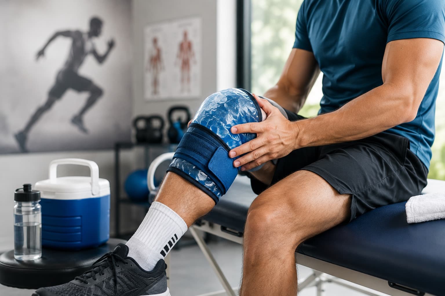Athlete applying a Game Ready ice compression wrap to his knee during a recovery session at Aligned Health in Laguna Hills
