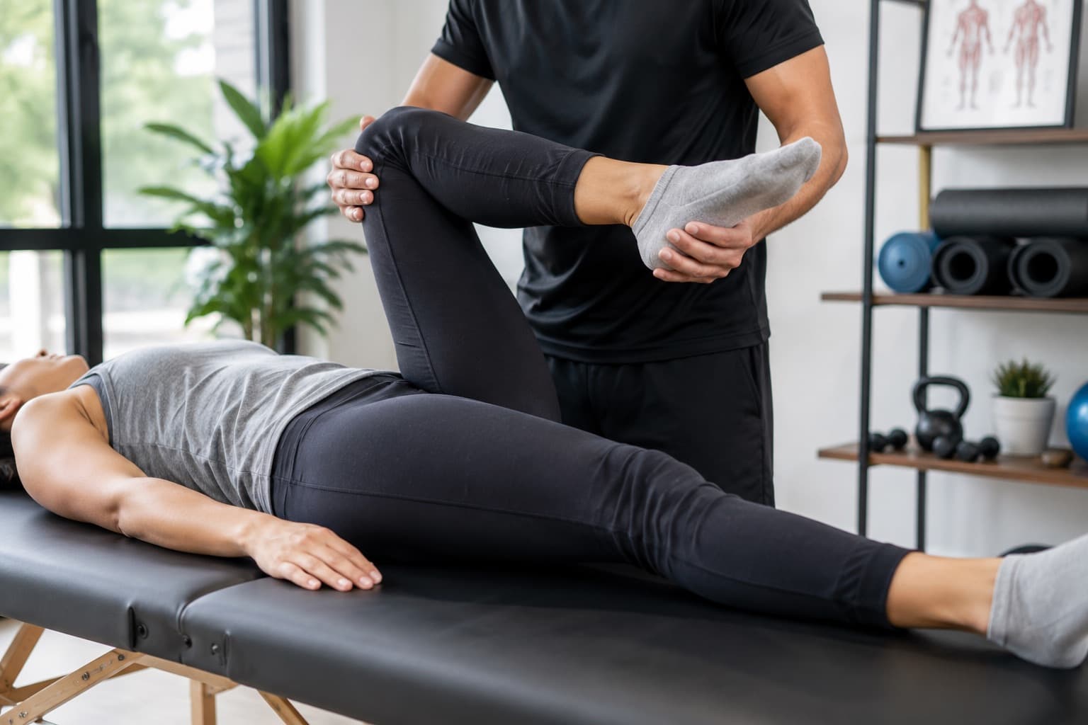 Provider guiding a patient through an assisted hip stretch at Aligned Health in Laguna Hills