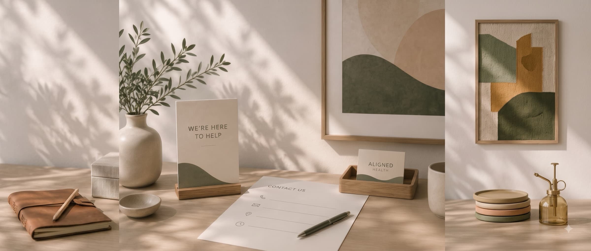 A note reading 'We're here to help' next to an Aligned Health contact card on a desk